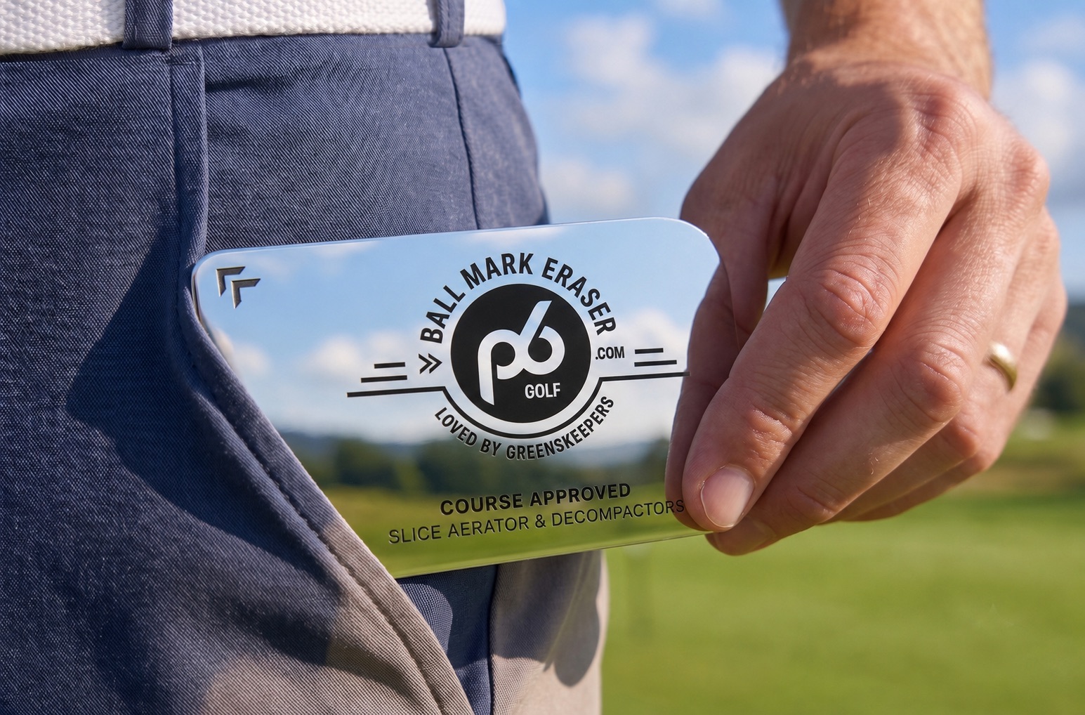 P6 ball mark repair tool tucked into a pocket